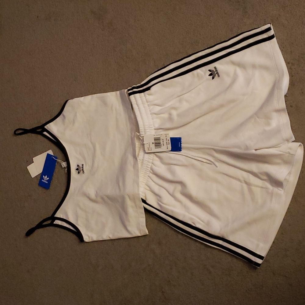 Adidas White Black Tank Top Jogger Fleece Shorts SET - Picture 6 of 10